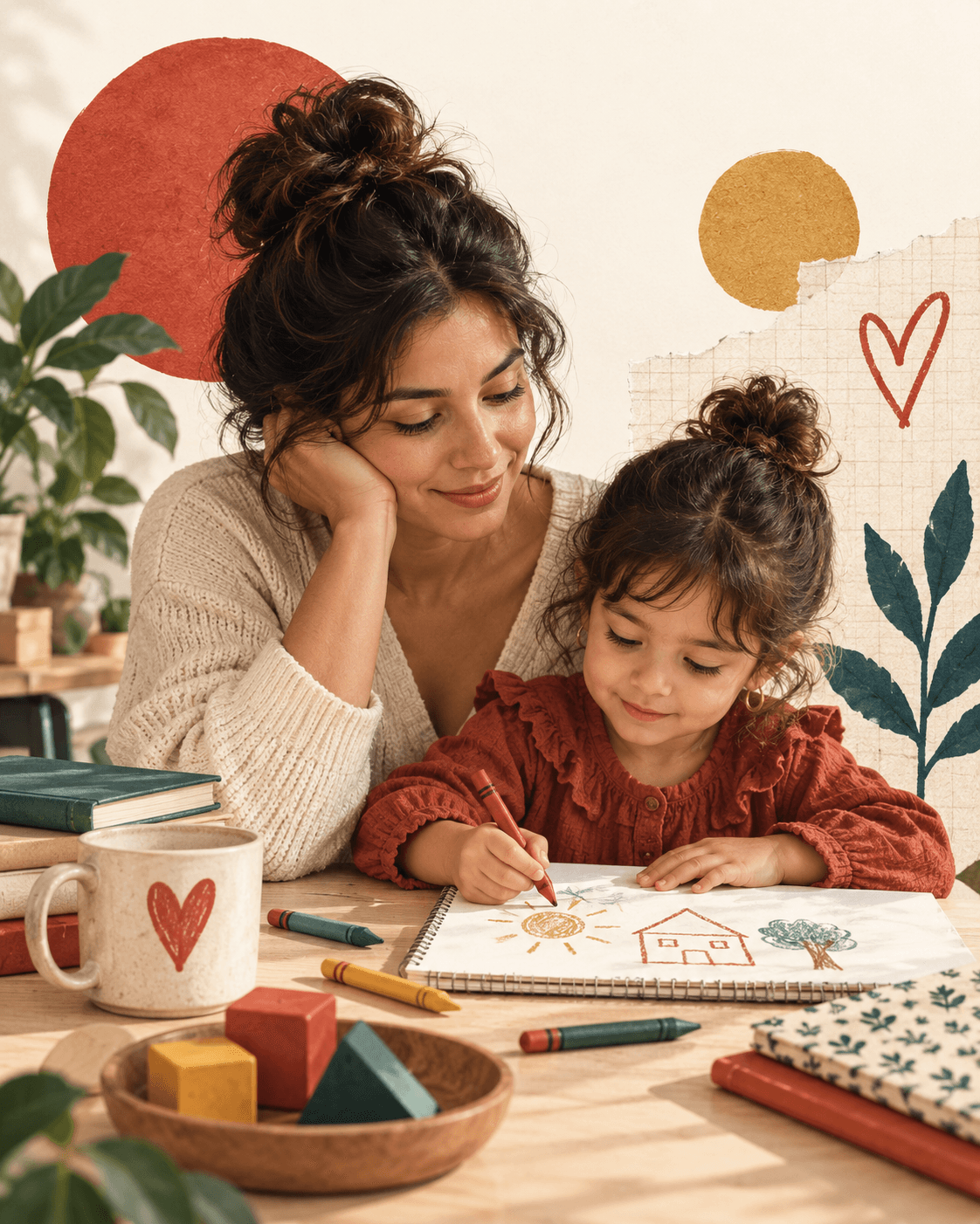 Madre y niña compartiendo una actividad creativa en casa